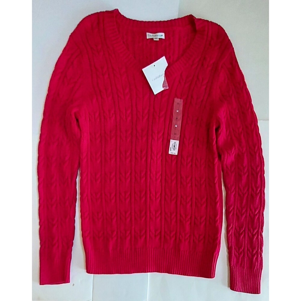 NWT Croft & Barrow Red Chili 100% Cotton V-Neck Cable Knit Ladies Sweater Size M